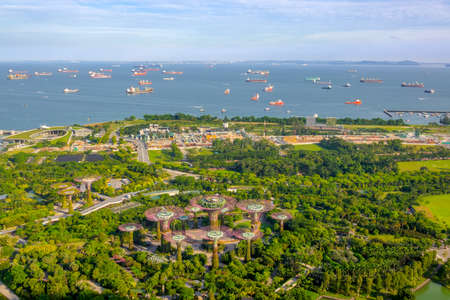 Singapore. Panoramic view of Gardens by the Bay, Supertree Grove and raid with ships. Aerial viewのeditorial素材