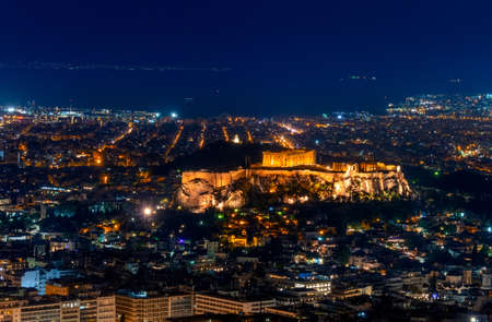 Greece. Athens. Summer night. Illuminated city and acropolis. Aerial viewの写真素材