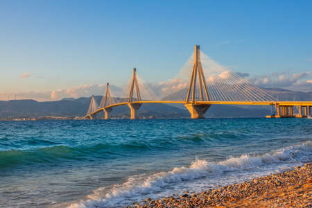 Greece. Gulf of Corinth and Rio Antirio Bridge. Sunset lightingの写真素材