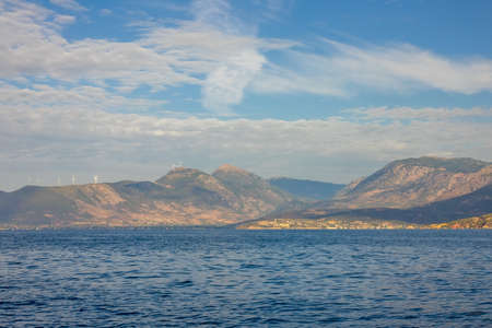 Greece. Sunny Coast of the Gulf of Corinth. Many wind farms on hilltopsの写真素材