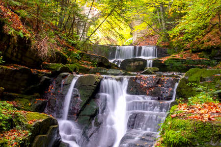 Sunny day in the summer forest. Small river and several natural waterfalls. Arch of an old stone bridgeの写真素材