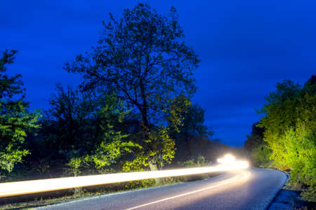 Headlights illuminate an empty road in a summer night forest. Long winding headlight trailsの写真素材
