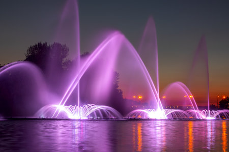 Dark summer night. Color fountain and laser showの写真素材