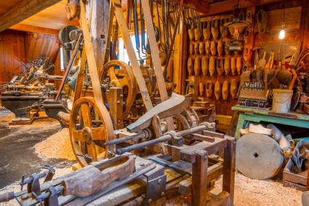 Netherlands. The interior of a workshop with old woodworking machines for the manufacture of the...