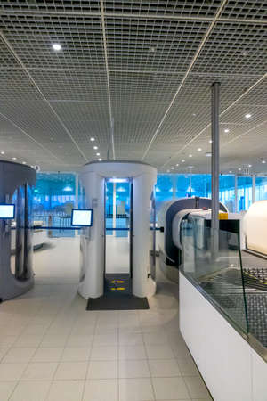 X-ray scanners for people and baggage in airport security checkpoint. No people