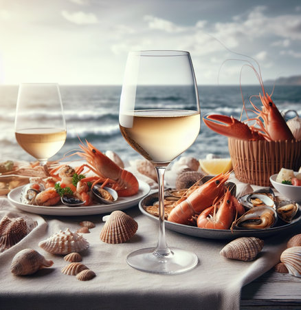 A table on the open terrace overlooking the out-of-focus seascape. Assorted seafood and two glasses of white wineの素材