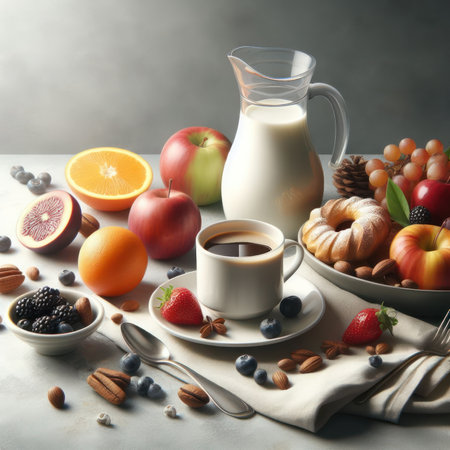 Breakfast still life: a variety of fruits and nuts, milk in a carafe, a cup of coffee and pastriesの素材