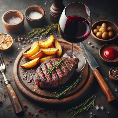 Still life with prepared food: on a wooden board there is a large piece of fried meat with blood, slices of fried potatoes and a glass of red wine. Spices and cutleryの素材