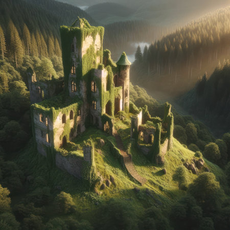 Summer evening in the mountains with dense forest. An old abandoned castle overgrown with moss. AI generatedの素材