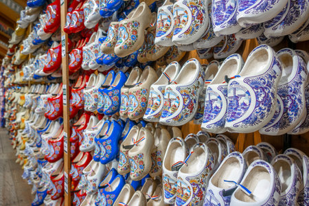 Netherlands. Klomps shop in Zaanse Schans. A display window with many rows of shoes