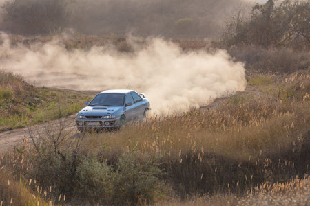 Sunny summer day in the steppe region. Sports car on a sharp dirt turn and a cloud of dustの写真素材