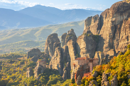Kalambaka Valley in the Greek Mountains of Thessaly. Sunny summer day. Monastery on the rocks of Meteoraの写真素材