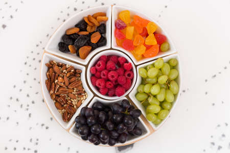 Round set of plates full of nuts, raspberries, sweets, grapes and dry fruit on the white background....