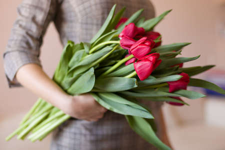 Closeup image of young woman with beautiful tulips. Young girl in a dress holding bunch of bright red spring flowers.  Present for a woman.の写真素材
