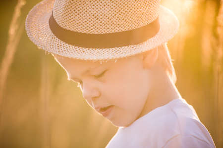 Portrait of adorable kid boy in straw hat standing on a summer meadow. Sunset in the park. Outdoors. Vacations. Child walking on a sunny summer day.の写真素材