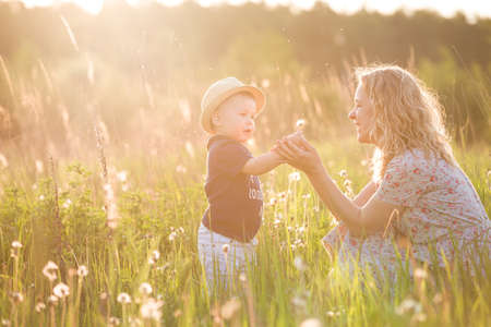 Cute little toddler boy in a straw hat holding his mother's hand and blowing dandelion. Adorable child walking with his mom in park on sunny summer day. Family on sunset. Childhood, motherhood conceptの写真素材