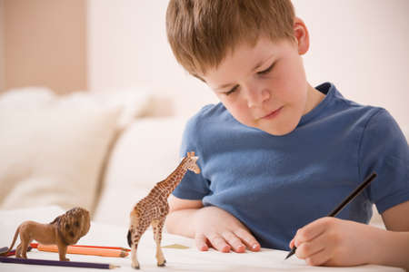 Portrait of little school boy sitting at the table and drawing with color paint. After school activities at home. Education. Small boy creating handmade cards.の写真素材