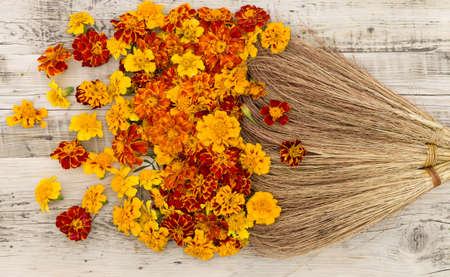 Top view on old styled broom sweeping yellow, orange amd red flowers on wooden background. Marigolds (Tagetes erecta, Mexican marigold, Aztec marigold, African marigold)の写真素材