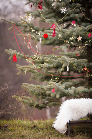 Beautiful Christmas tree. Outdoors. Decorations. Holidays season.の写真素材