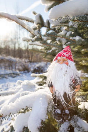 small Santa Claus on the Christmas tree with snow. Father Christmas to your doors on a sunny day. Holiday season and Christmas conceptの写真素材