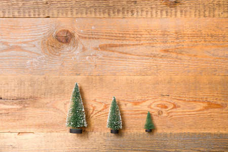 Top view on three little Christmas trees on wooden background. Holidays and winter concept.の写真素材