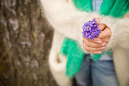 Woman holding beautiful snowdrop.  first spring flowers in a forest.  Wild flowers. spring concept.の写真素材