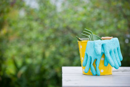Yellow bucket with garden tools and Rubber blue safety gloves on the table in the garden. Hand...