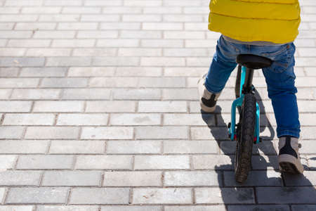 Back view on cute toddler boy riding his bike. Child on bicycle in the park.の写真素材