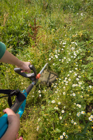 Closeup of lawn mower in hands of a gardener. Man mowing the grass with garden instrument.