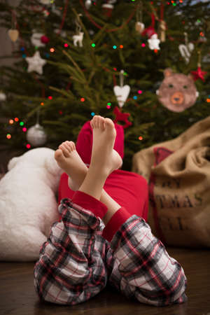 Back view on a lying toddler boy with his bear toy near a Christmas tree and enjoying celebration. Holiday season. Happy New Year.の写真素材
