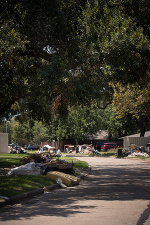 Houston, Texas, USA, September 10 2017: Damaged houses on one of the streets. After hurricane...