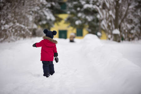 Back view on cute little toddler boy in red down jacket walking on snow road in the park on a winter...