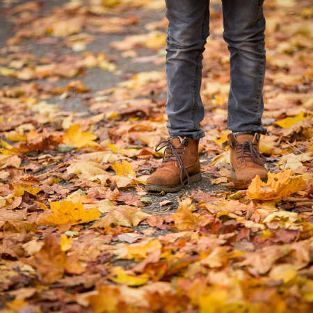 Closeup of toddler's legs in orange shoes on bright autumn leaves background. The child walks in the...