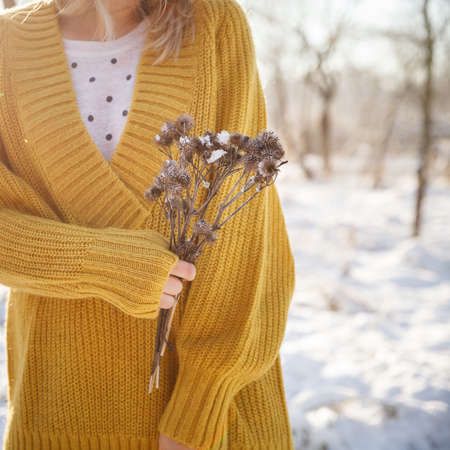 Closeup of girl in bright yellow sweater holding dry flowers in her hands against the backdrop of a sunny winter park. Winter and holiday season.の写真素材
