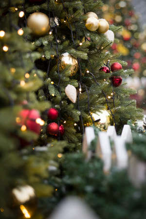 Closeup of Christmas decoration tree outdoors. Celebration, winter and holidays concept. Selective...