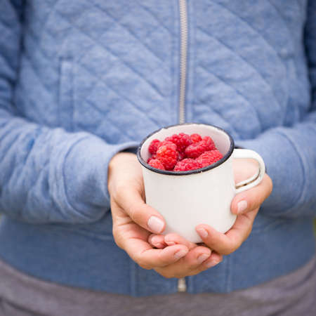 Closeup of a girl holding in her hands a cup full of ripe organic raspberry berries. Summer harvest...