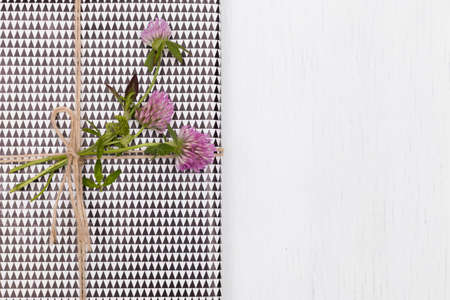 Top view on nice present wrapped in plaid paper and decorated with clover on white wooden...