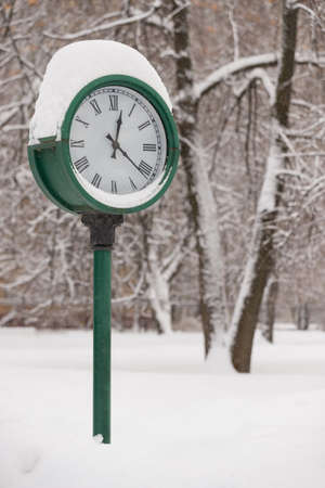 Watch under a thick layer of snow in the park against the backdrop of trees. The symbol of the...