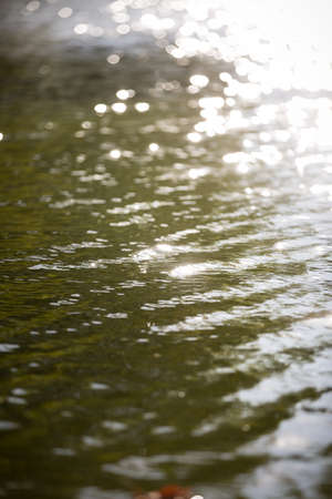 Beautiful view of the water surface with highlights. Breath of autumn. Reflection of sun glare in river or lake wavesの写真素材