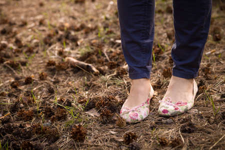 Closeup of legs of a young woman in jeans and pumps. Dry spruce needles and cones lie on the ground....