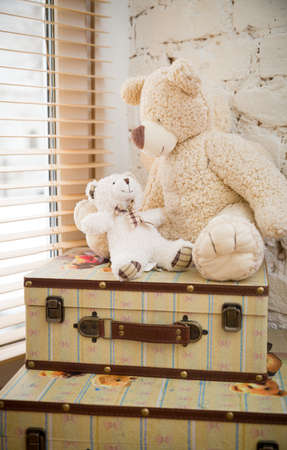 Two cute teddy bears are sitting on suitcases and looking out the window. Waiting for the trip.の写真素材