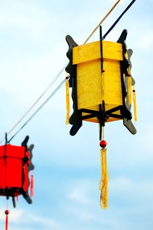 Vietnamese street decoration lantern on sky backgroundの写真素材