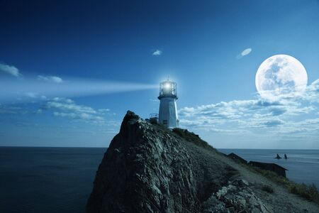 Lighthouse at nighttime. Japanese sea.の写真素材