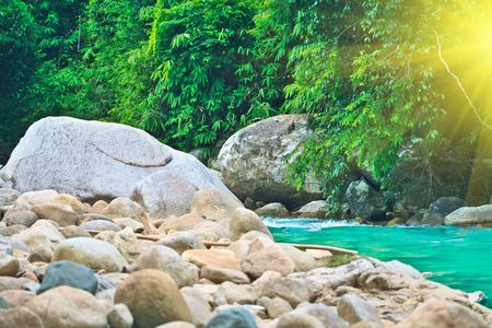 Blue water stream in tropical forest. Vietnamの写真素材