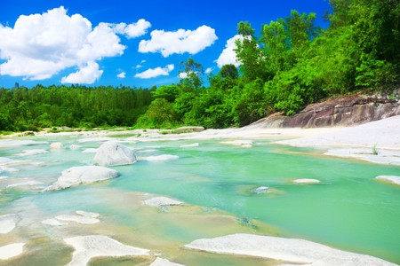 Scenic view of mountain river at sunny dayの写真素材