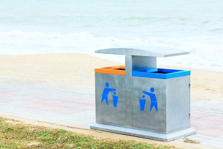Two recycling bin on the beach. Environmental protectionの写真素材