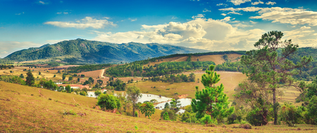  Beautiful rural landscape, mountain on background. Vang Vieng, Laos. Panoramaの写真素材