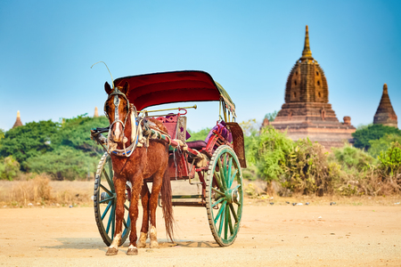 Horses cart waiting for tourist, ancient temple on background. Bagan,Myanmarの写真素材