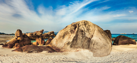 Beautiful white sand beach. Stones on a foreground. Landscape of Vietnamの写真素材