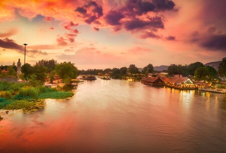 Sunset over Kwai river. View from the railway bridge on the river Kwai, Kanchanaburi, Thailand.の写真素材